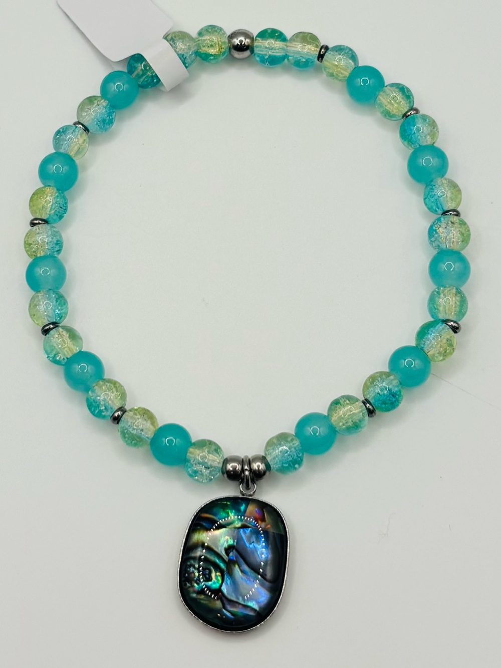 *ANKLET* S. Steel Abalone & Teal Yellow Crystal Stretchy Anklet - Picture 3 of 7